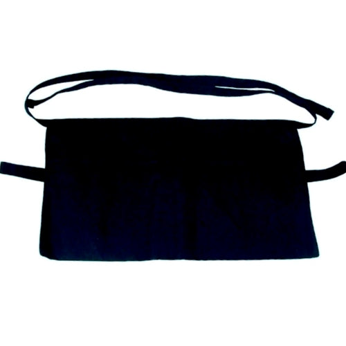 A black, heavy duty, 3-pocket waist apron with a tie back and loop holders.