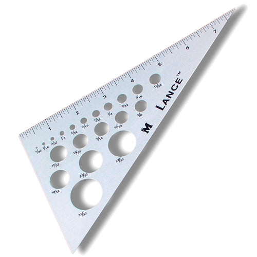 A triangular, alloy circle template with measurements marked on it, used for cutting or marking circles of various sizes.