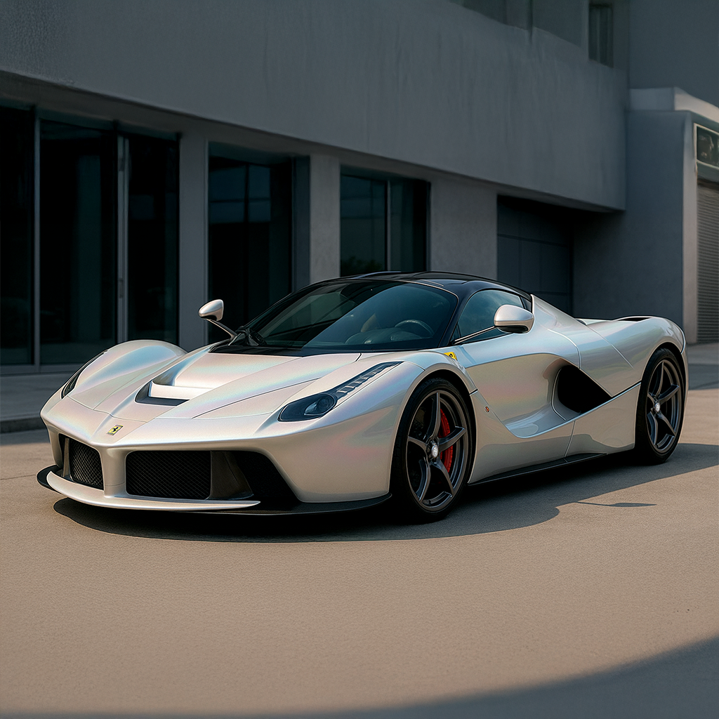 White sports car parked in front of a modern building