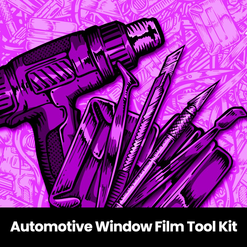 Illustration of various automotive window film installation tools including a heat gun, blades, squeegees, and cleaning pads, against a purple background with a graphic pattern.