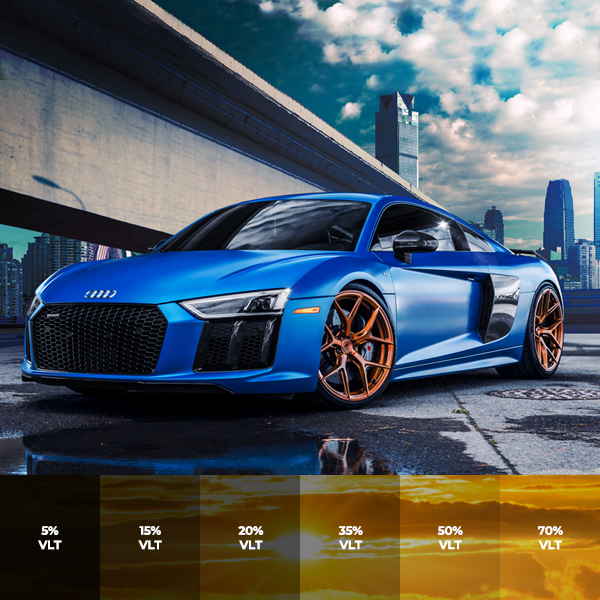 Visual comparison of car window tints with 5%, 15%, 20%, 35%, 50%, and 70% VLT levels on a blue Audi sports car under a city overpass.