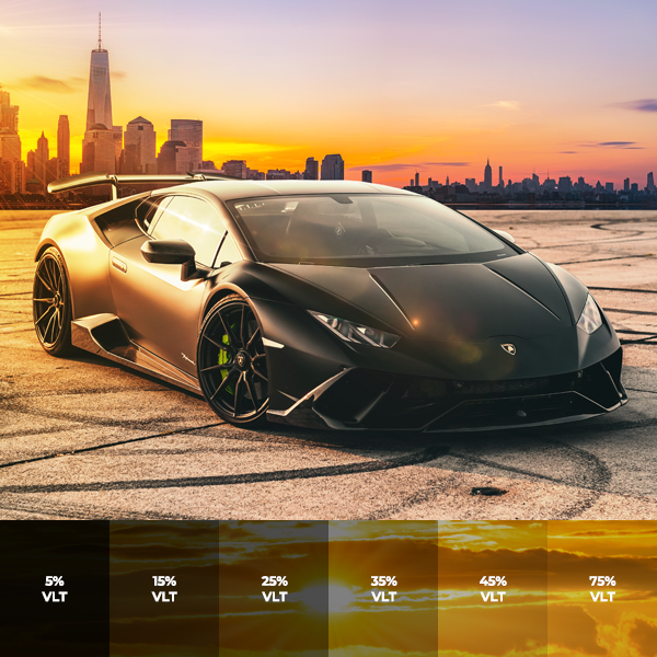 Ceramic IR Pro Series Automotive Window Film roll shown in varying tint levels from 5% to 75%, highlighting smooth finish and available widths from 20 to 60 inches