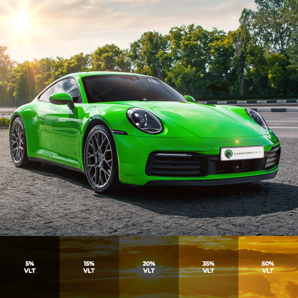 Performance Series Automotive Window Film rolls displayed in 5% to 50% tint levels, showcasing smooth finish and light-blocking variations for vehicle windows