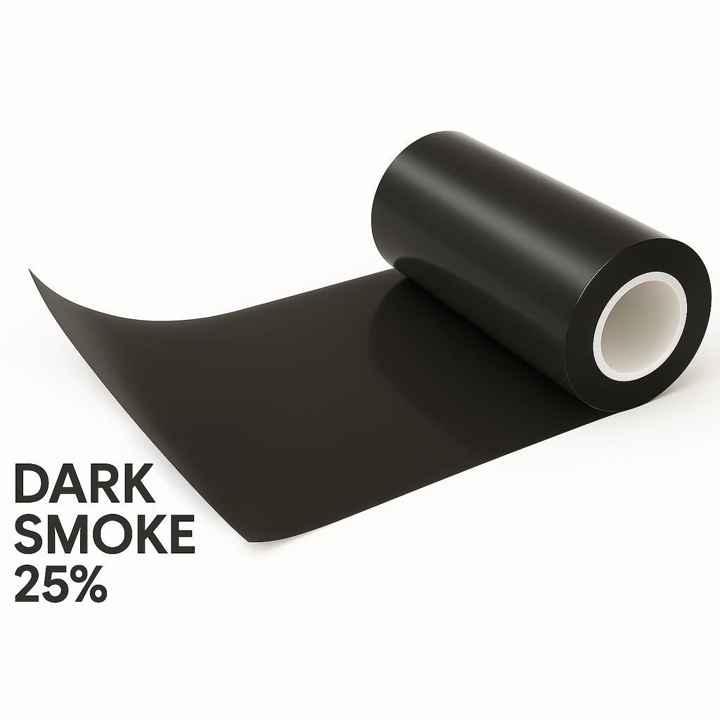 Roll of dark smoke vinyl with a white core on a white background