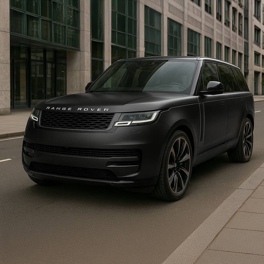 Black Range Rover SUV parked on a city street with modern buildings in the background