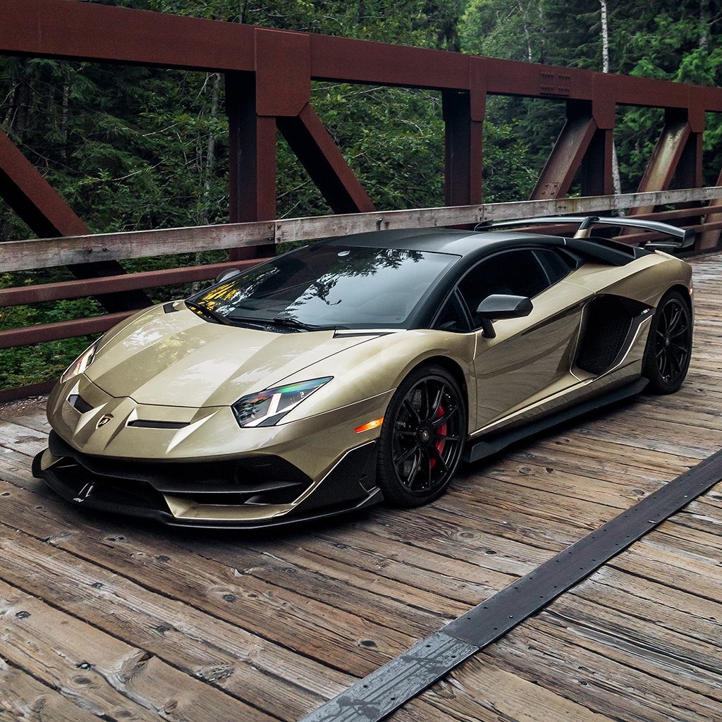 Gold sports car on a wooden bridge with a forest background