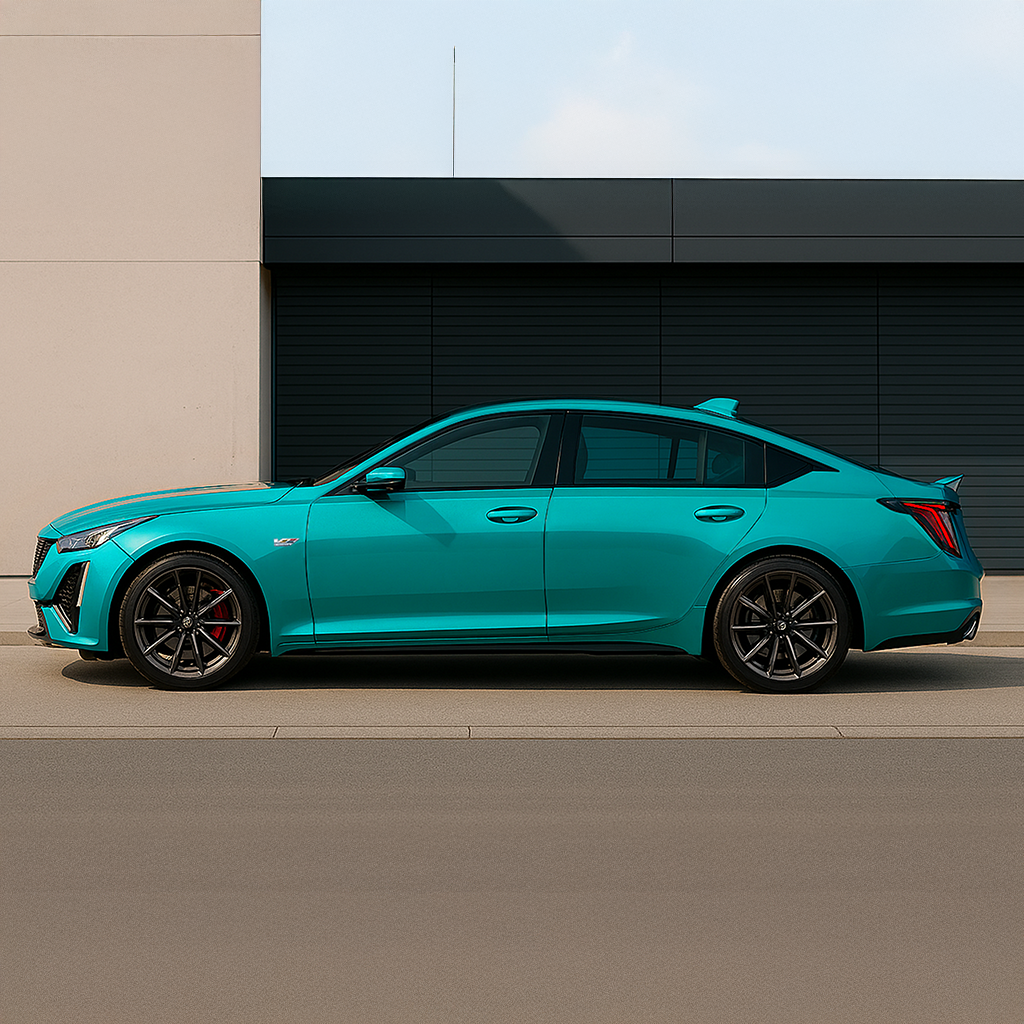 Turquoise car parked on a street with a building in the background
