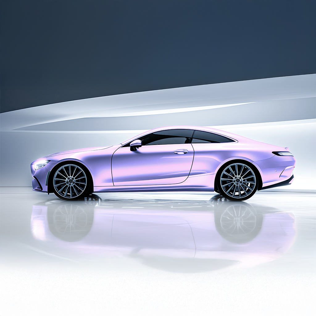 Luxury car with a metallic purple finish on a reflective surface
