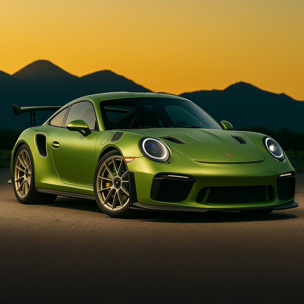Green sports car on a road with mountains in the background