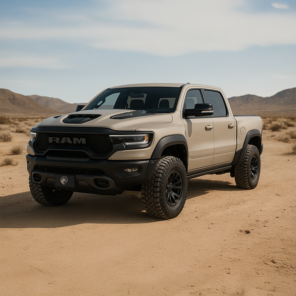 Beige Ram truck on a dirt road with desert landscape in the background
