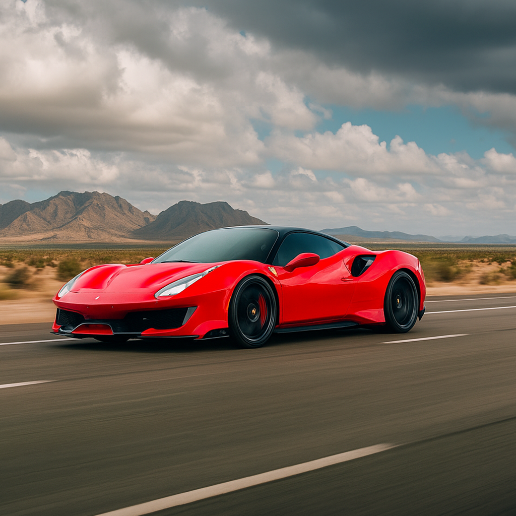 Red sports car driving on a road with mountains in the background
