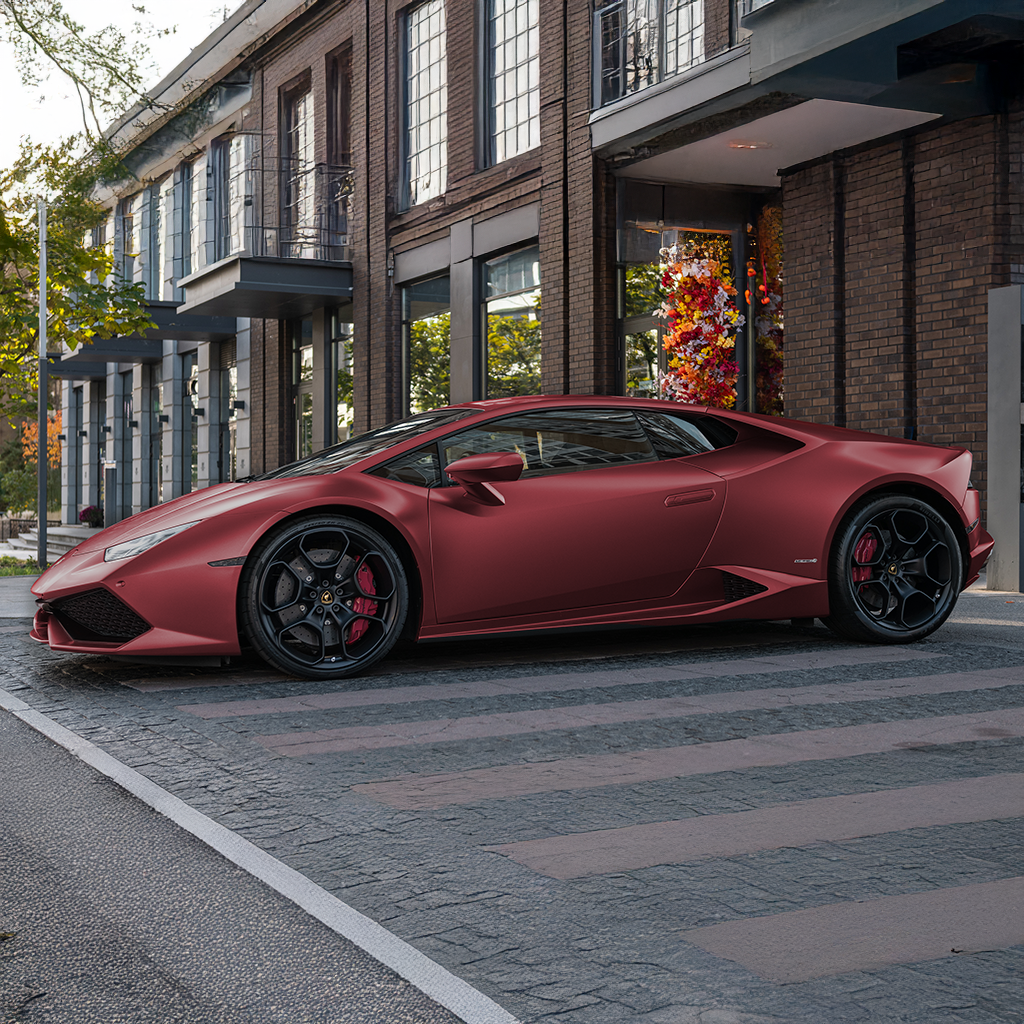 Red sports car parked on a street in an urban setting