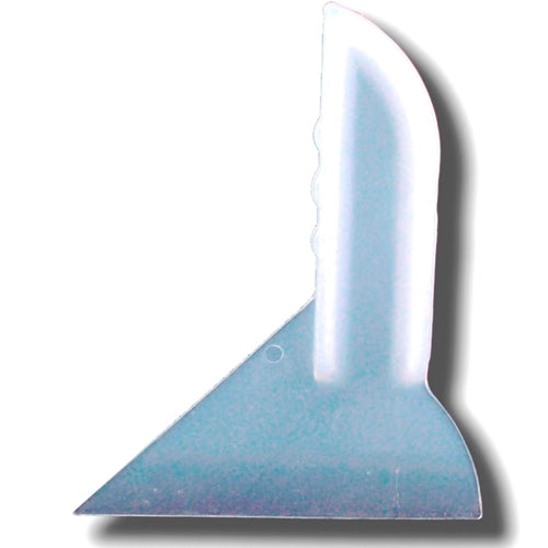 A metal putty knife with a curved blade and a blue handle designed for reaching into tight spaces and pushing down materials.