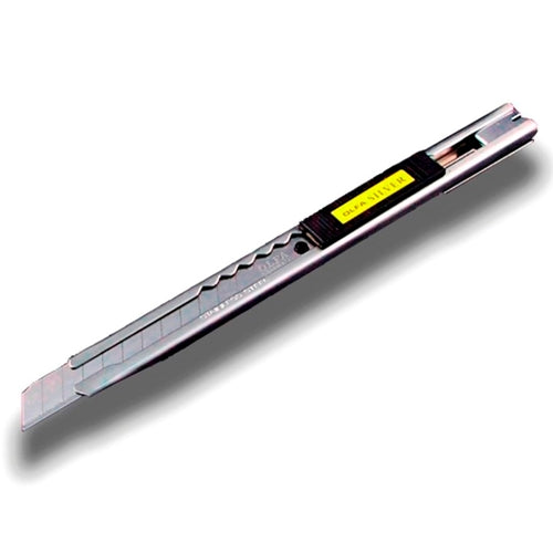 A silver art knife with a stainless steel body, integrated blade snap tool, pocket clip, and slide lock.