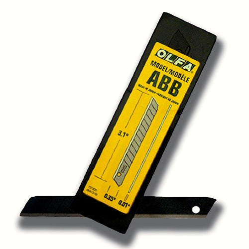 Packaging of OLFA ABB-50B ULTRAMAX carbon snap-off blades with a yellow label, black background.