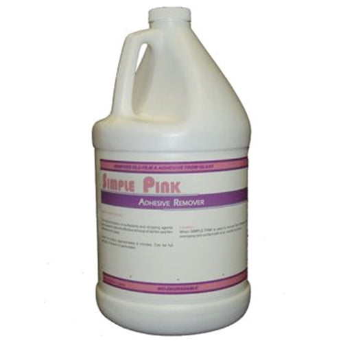 A white plastic gallon container with a label that reads 'Simple Pink Adhesive Remover'.