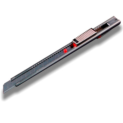 A silver utility knife with red adjustment buttons, the knife has a metal blade and a plastic body.
