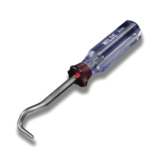 A hook tool with a clear handle and red detailing, designed for use in vehicle maintenance.