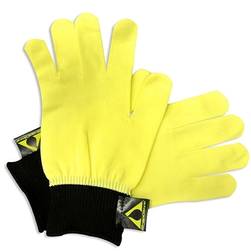 A pair of yellow vehicle wrap gloves with black cuffs, designed for use in installing vinyl graphics on vehicles.