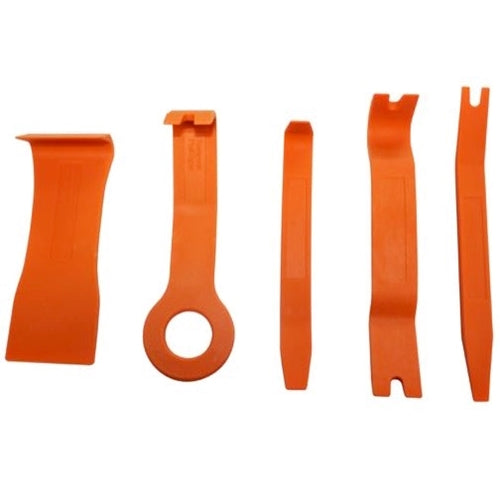 A set of five orange plastic tools for body molding and interior trim removal, including various shapes and sizes designed for vehicle maintenance.
