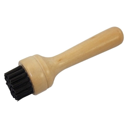 A rivet brush with a wooden handle and synthetic bristles.