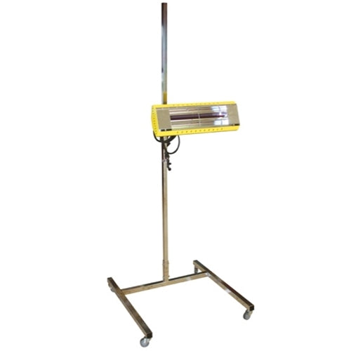 A Hotshot infrared heater with a yellow heating element and a metal stand.