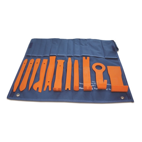 A set of orange vehicle interior trim removal tools laid out on a blue carrying case.