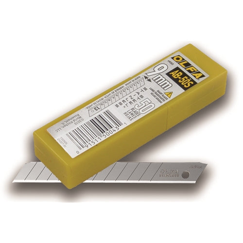 A pack of OLFA AB-50S stainless steel blades with a yellow and white color scheme, displaying the blade length of 13PT.