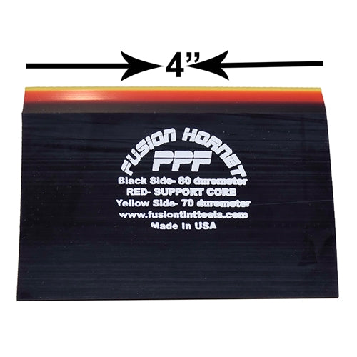 A 4-foot long hornet-shaped paddle squeegee with black, yellow, and red layers, labeled with durometer ratings and the Fusion PPF brand.