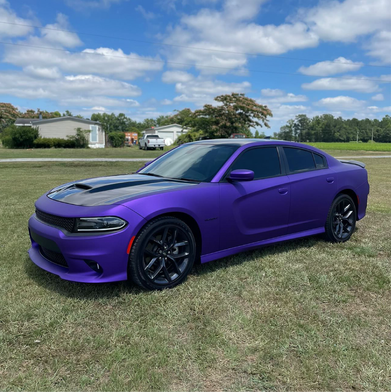 Satin Passion Purple Aluminum Vinyl Car Wrap applied to vehicle, showcasing vibrant purple color with smooth satin finish and metallic aluminum texture