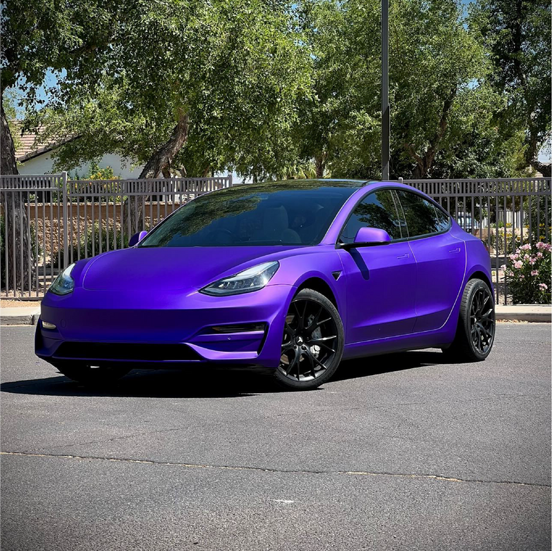 Satin Passion Purple Aluminum Vinyl Car Wrap applied to vehicle, showcasing vibrant purple color with smooth satin finish and metallic aluminum texture