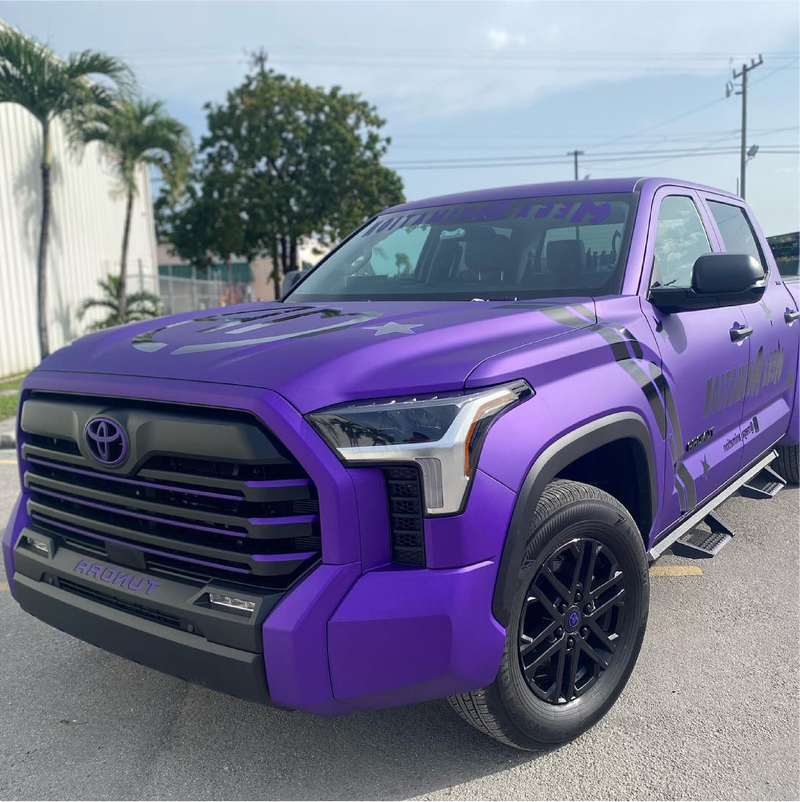 Satin Passion Purple Aluminum Vinyl Car Wrap applied to vehicle, showcasing vibrant purple color with smooth satin finish and metallic aluminum texture