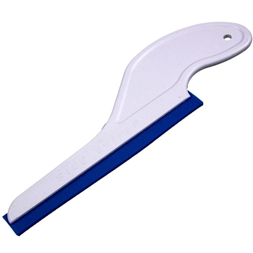 A white and blue Side Swiper squeegee with a rigid handle and blue max blade.