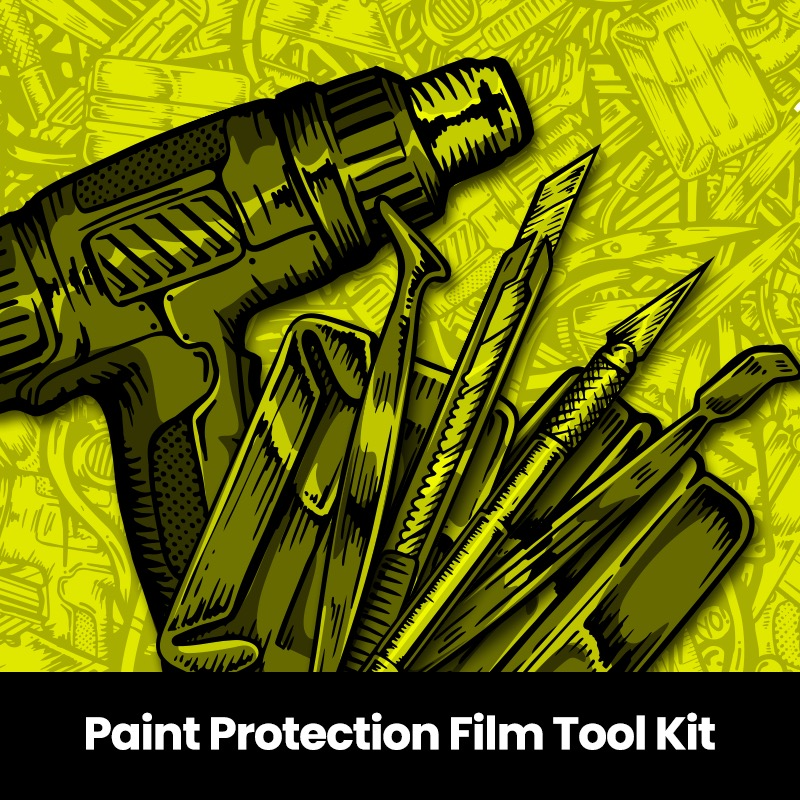 An illustration of various tools included in a paint protection film installation tool kit, such as a squeegee, spray bottles, towels, blades, and a heat gun, arranged on a yellow background with a graphic pattern.