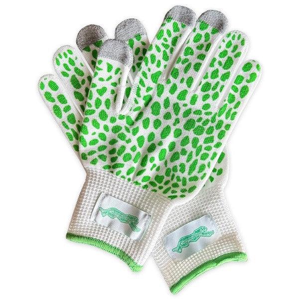 A pair of gloves designed for touch sensitivity with green patterns on a white background, indicating areas that allow for tactile feedback.