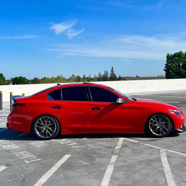 Gloss Carmine Red Vinyl Car Wrap applied to vehicle, showcasing bold carmine red color with a smooth high-gloss finish and reflective surface