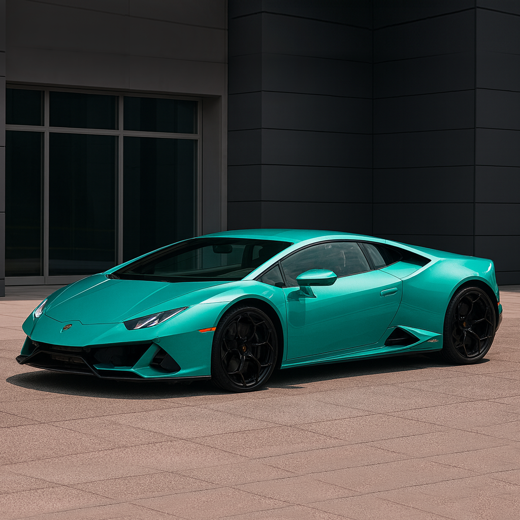 Turquoise sports car parked in front of a dark building