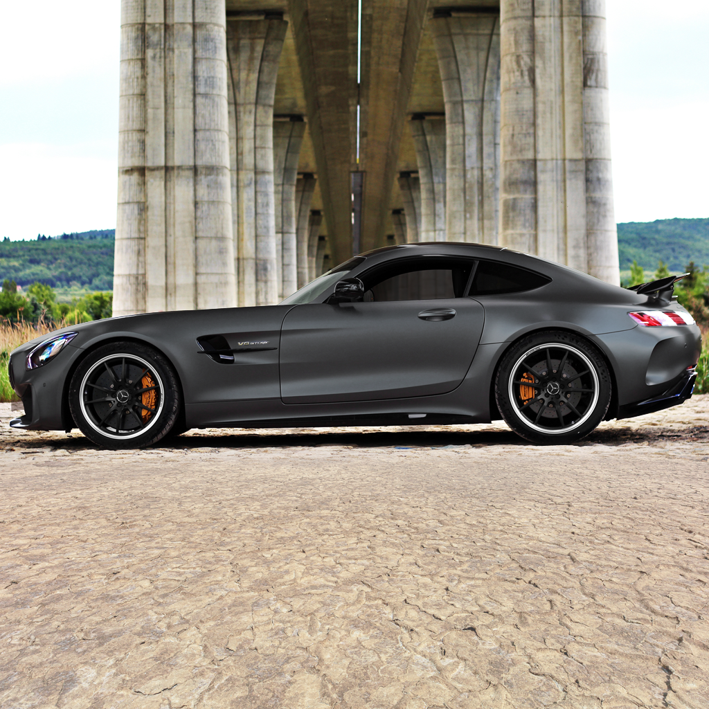 Black sports car parked under a concrete overpass with greenery in the background