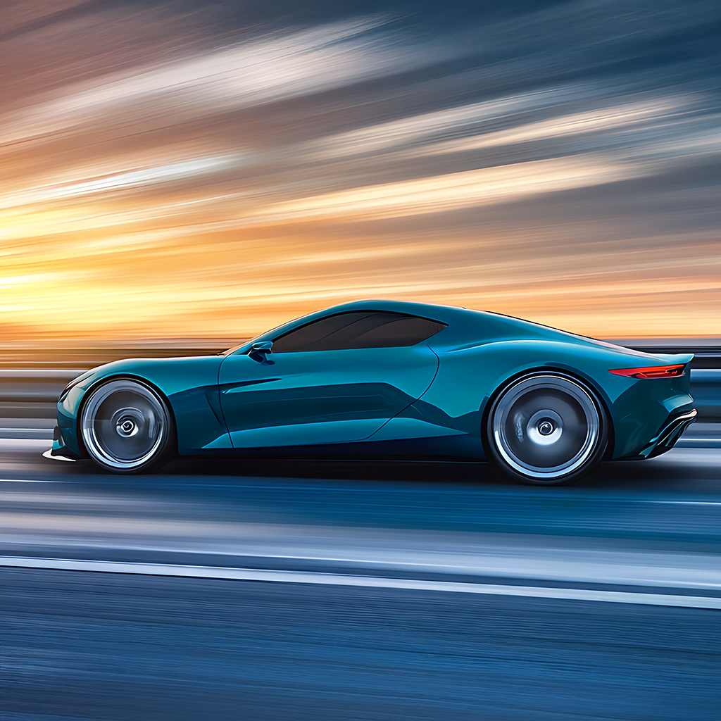 Blue sports car on a blurred road with a colorful sky background