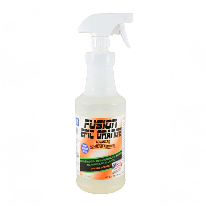 A spray bottle labeled 'FUSION EPIC ORANGE ADHESIVE REMOVER' designed for breaking down adhesives used in window films, paint protection films, and vinyl.