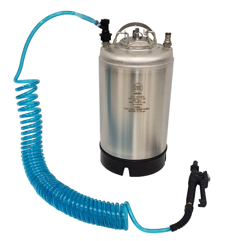 A 3 gallon stainless steel pressurized tank with a blue flexible hose and an adjustable fan tip spray nozzle.