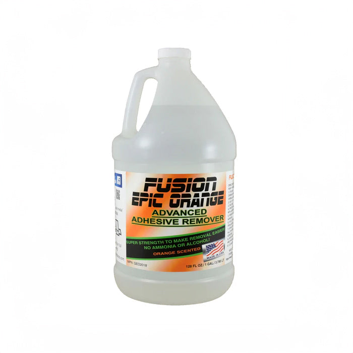 A gallon of Fusion Epic Orange Advanced Adhesive Remover in a clear plastic container with a label and handle.