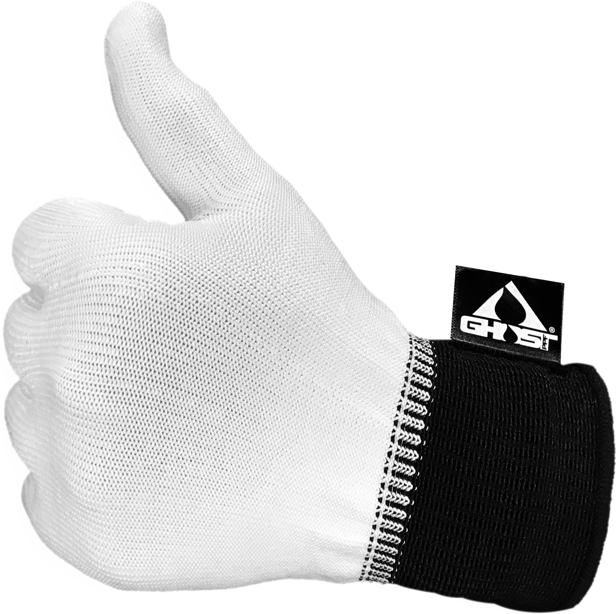A white glove designed for applications in vehicle wrapping, with a black wristband featuring a logo.