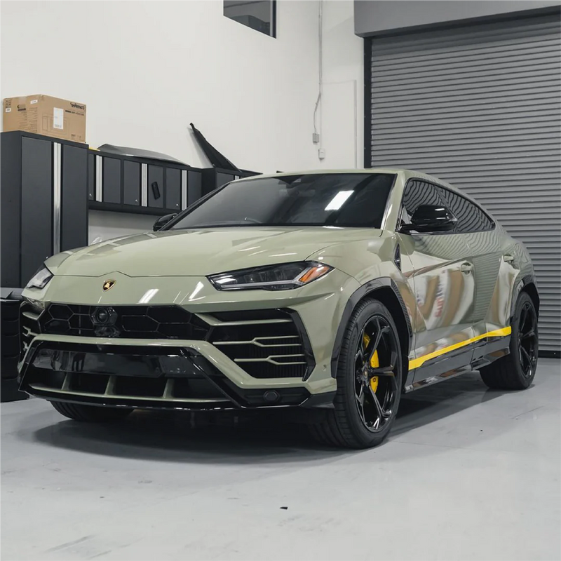 Gloss Khaki Green Vinyl Car Wrap with rich green tone and reflective finish, shown partially unrolled for vehicle wrapping application.  
