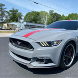 Gray Ford Mustang with a red stripe on a road with trees in the background