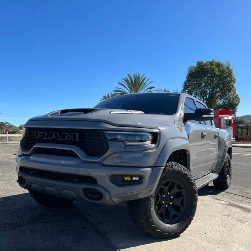 White Ram truck parked on a sunny day with palm trees in the background