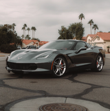 Gray Corvette car on a street with palm trees and houses in the background