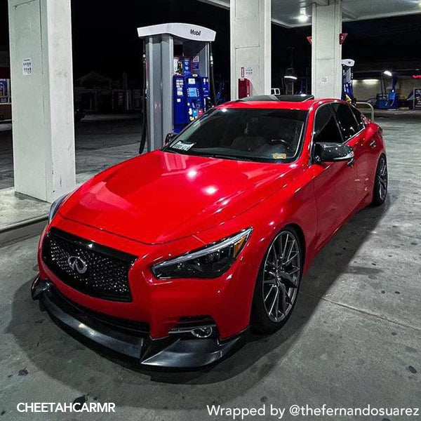 Gloss Carmine Red Vinyl Car Wrap applied to vehicle, showcasing bold carmine red color with a smooth high-gloss finish and reflective surface