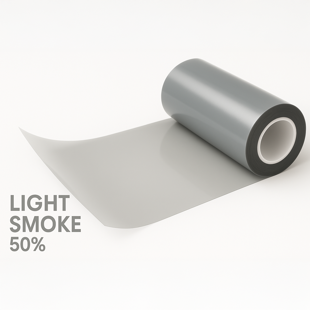 Roll of light smoke color film on a white background