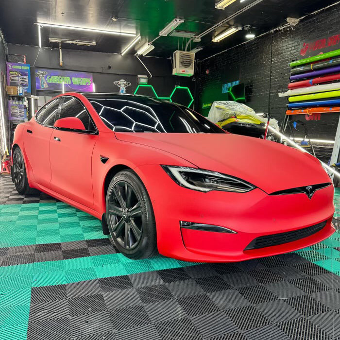 Matte Carmine Red Vinyl Car Wrap applied to vehicle, showcasing deep red color with smooth matte finish and bold, non-reflective appearance